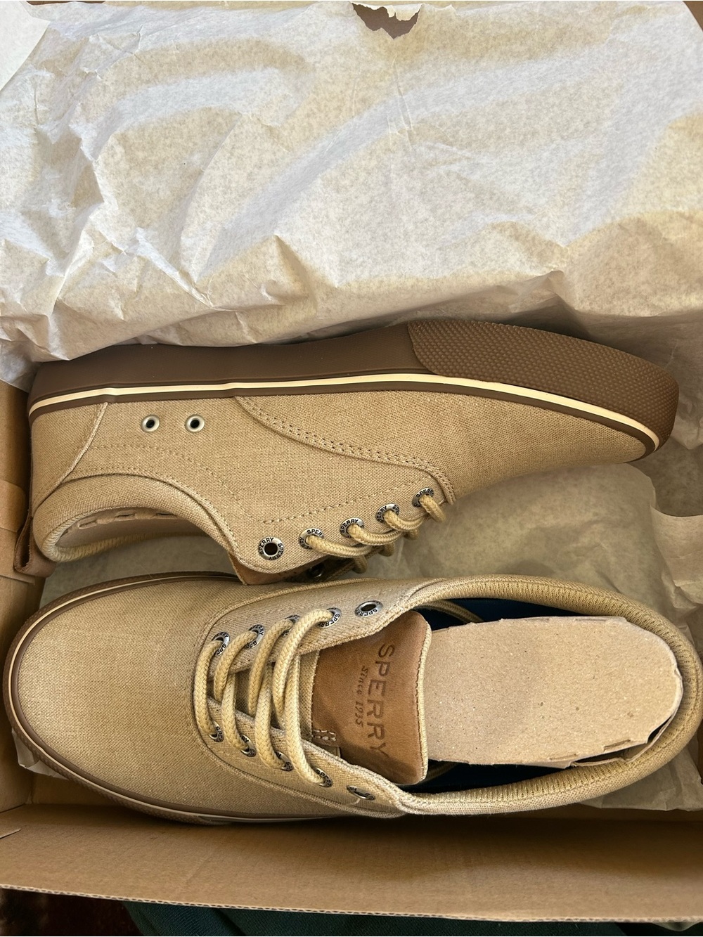 Sperry Tan Canvas Lace-Up Boat Shoes with Brown Sole